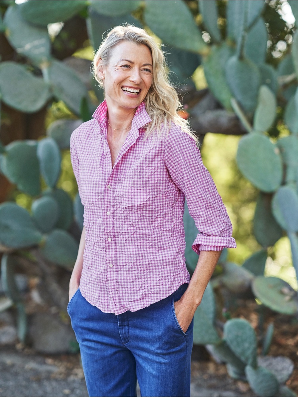 Frank & Eileen Barry Pink Check, Crinkle Button-down Shirt - Small